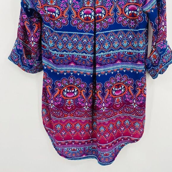 Renee C Size Small Blue & Pink Boho Print V Neck Hi Low 3/4 Sleeve Blouse Top - Picture 9 of 10
